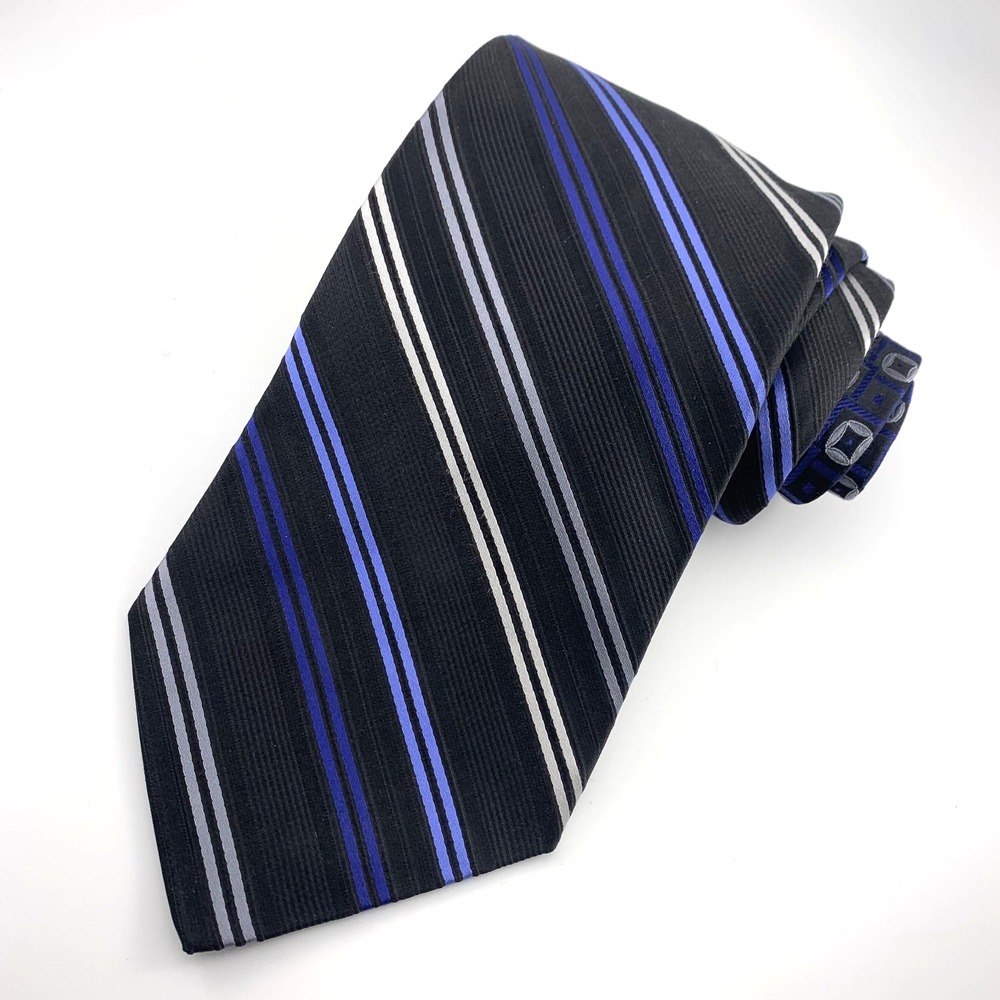 Pronto Uomo Mens Tie Black with Silver & Blue Stripes Silk Repp LONG 63" x 4"